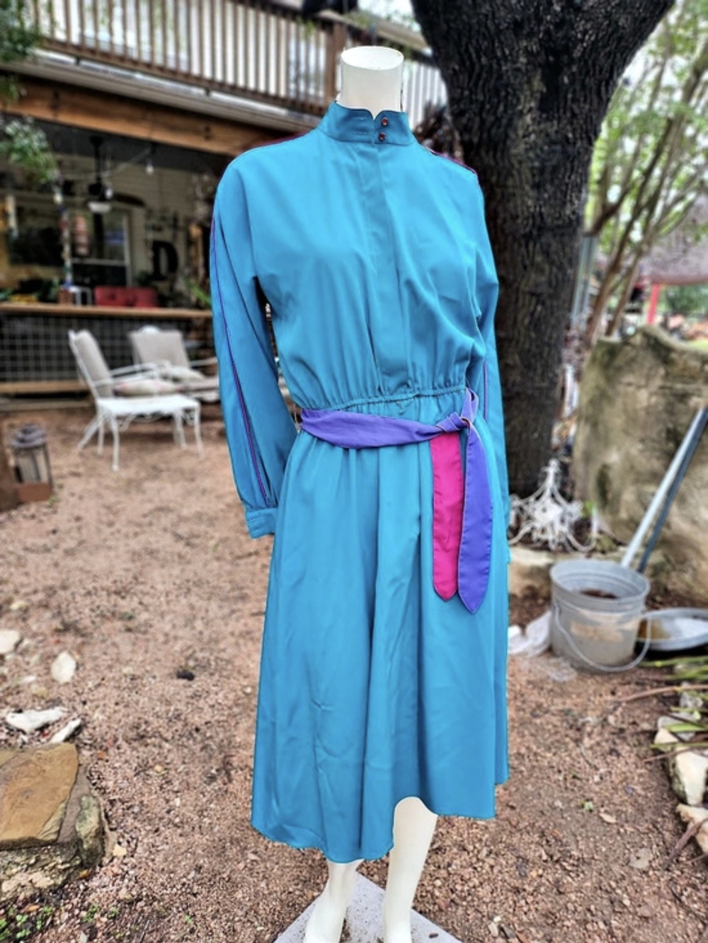 Vintage Sasson Long Sleeve Midi High Neck Shirt Dress in Blue & Pink Size 6/7